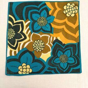 Vintage Floral Pocket Square 12in Teal Yellow Brown Cotton Blend Mod 70s Style